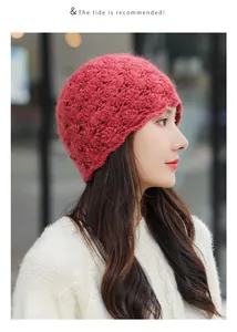 Red hand-knitted mohair crochet beanie hat for women featuring elegant flower patterns