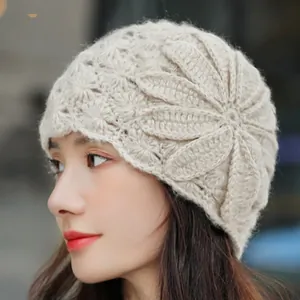 Elegant beige floral crochet beanie for women in soft winter mohair-style knit