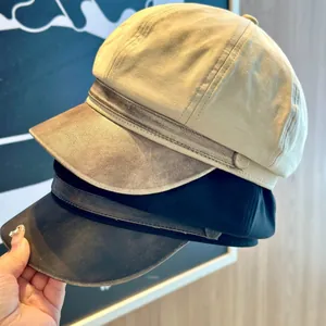 Women Newsboy Hat Vintage Octagonal Cap Cotton Suede PU Leather Patchwork Autumn Winter Fashion Adjustable Painter Hat