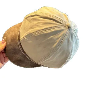 Stylish beige faux suede baker boy hat with brown PU leather brim for fashion women