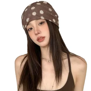 Retro brown slouchy beanie with white polka dots for women, thin lightweight knit cap