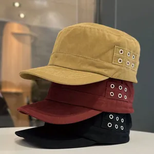 Classic cotton flat top cadet caps stacked in khaki burgundy and black for men and women