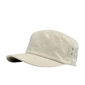 Classic beige cotton flat top military cadet cap with side vents for outdoor sun protection