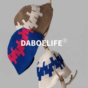 Vintage handmade crochet bucket hat with geometric pattern for winter