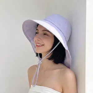 Breathable cotton linen sun bucket hat with wide brim for women summer sun protection