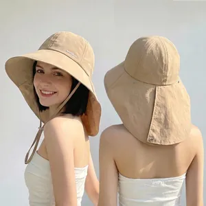 Breathable khaki wide brim sun hat for women featuring a protective neck cover flap