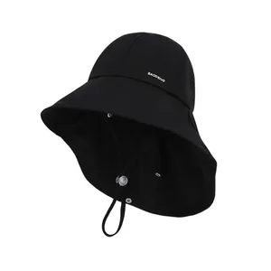 Black breathable cotton linen sun protection bucket hat with adjustable chin strap