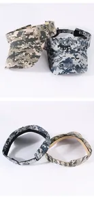 Detail view of camouflage sun visors showing front design and back velcro strap
