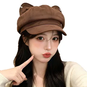 Chic brown cat ear beret hat for women, autumn winter octagonal baker boy painter cap