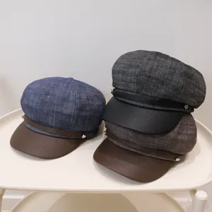 Classic women's wool blend newsboy octagonal cap with faux leather brim in multiple colors