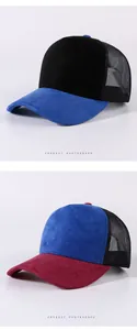 Detailed view of suede and mesh trucker hats in contrast colors for men and women