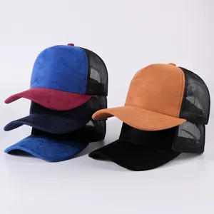 Fashion Suede Patchwork Mesh Trucker Hat Breathable Adjustable Contrast Color Baseball Cap For Men Women Casual Outdoor Sunshade