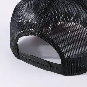 Breathable black mesh trucker hat with adjustable snapback closure details