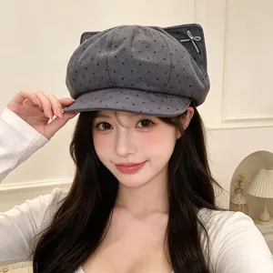 Stylish retro grey polka dot painter hat featuring cute cat ears and a small bow detail