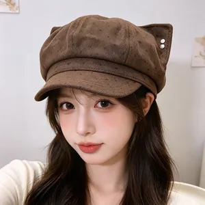 Vintage brown polka dot newsboy hat with cat ears for women, stylish autumn winter accessory
