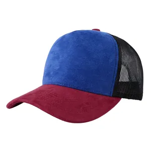 Stylish blue and burgundy suede patchwork mesh trucker hat with breathable design