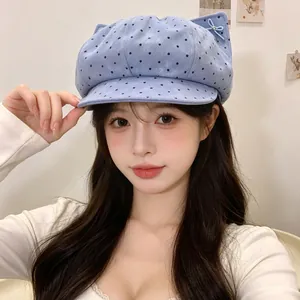 Vintage blue polka dot newsboy hat with cute cat ears for women's spring fashion