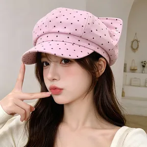 Stylish retro pink polka dot octagonal hat newsboy beret for women shown on model