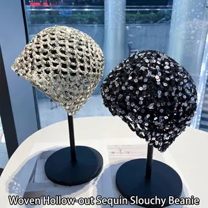 Retro Handmade Crochet Sequin Beanie Hat For Women Ethnic Hollow Out Summer Thin Mesh Skull Cap Slouchy Turban Hat
