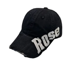 Casquette de baseball vintage en coton lavé noir avec broderie ROSE pour femmes chic