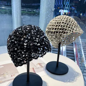 Vintage ethnic style hand-woven sequin knit beanie with stylish hollow-out design