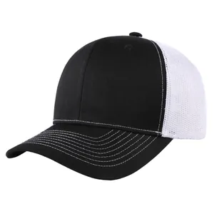 Cappello trucker in rete traspirante bianco e nero con cuciture a contrasto per unisex
