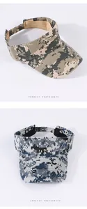 Detailed view of digital camouflage sun visor hats featuring adjustable velcro straps.