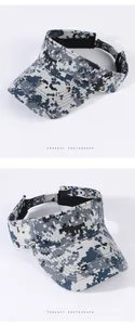 Detail view of digital camouflage sun visor hat with adjustable velcro strap.