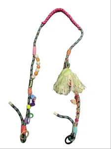Colorful woven multi-functional crossbody phone lanyard with beads and decorative tassel.