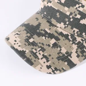 Close-up of a digital camouflage polyester sun visor for outdoor sun protection.