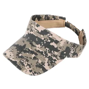 Digital camouflage sun visor hat with adjustable velcro strap for outdoor sports.