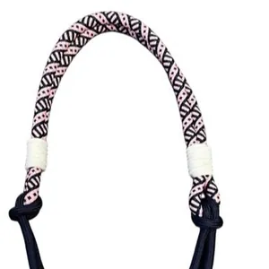 Durable adjustable woven crossbody phone lanyard strap in pink and navy geometric pattern