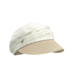 Pleated fabric and woven straw sun hat with equestrian brim for summer UV protection