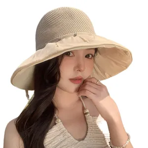 Breathable mesh sun hat for women with wide brim and elegant rhinestone decoration