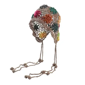 Handmade bohemian crochet floral hollow-out beanie hat with long decorative tassels