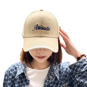 Khaki minimalist casual embroidered baseball cap for women with blue Attitude cursive logo