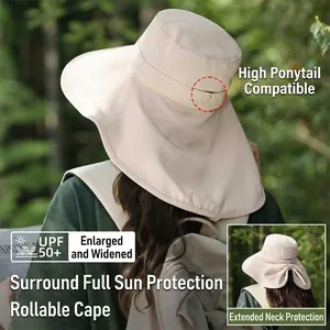 Detailed view of beige sun hat featuring a wide brim, ponytail hole and neck flap