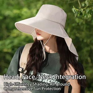 Detailed macro view of the wide brim sun hat featuring an integrated neck protection shawl