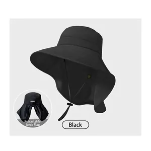 Detail of black sun hat showing the detachable neck flap for UV protection