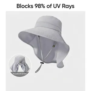 Wide brim sun hat with neck flap, breathable UV protection grey fisherman hat.