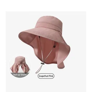 Detail of pink sun hat with protective neck flap and rollable shawl design