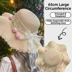 Women Garden Forest Style Straw Hat Lace Bow Tulip Decoration Wide Brim Summer Beach Sun Protection Vacation Hat