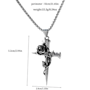 Detailed view of silver-toned thorn rose cross necklace with size and weight measurements