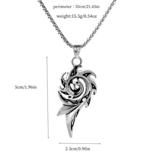 Detailed dimensions of silver thorn flame pendant necklace with measurement lines