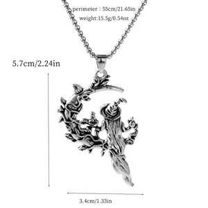 Detailed size chart showing the witch on crescent moon pendant and chain dimensions