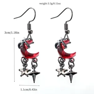 Detailed dimension guide for gothic style red crescent moon and star drop earrings.