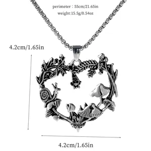 Vintage silver heart-shaped pendant featuring mushrooms and vines, size 4.2cm by 4.2cm.