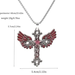 Detailed shot of a Gothic luminous pentagram and angel wings cross necklace with size info