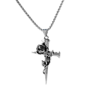 Vintage gothic nail cross necklace pendant featuring intricate rose and thorn details