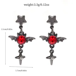 Detailed measurements of Gothic bat wing earrings with red gemstone and star accents